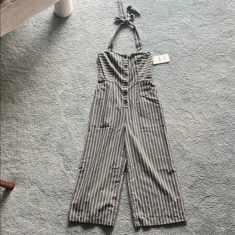 Zara Black and White Striped Halter Jumpsuit
